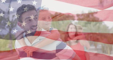 Family Leisuring in Sunny Garden with American Flag Overlay