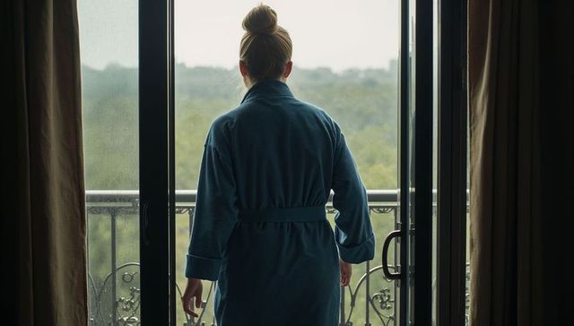 Woman in blue robe standing on balcony looking over green canopy morning contemplation