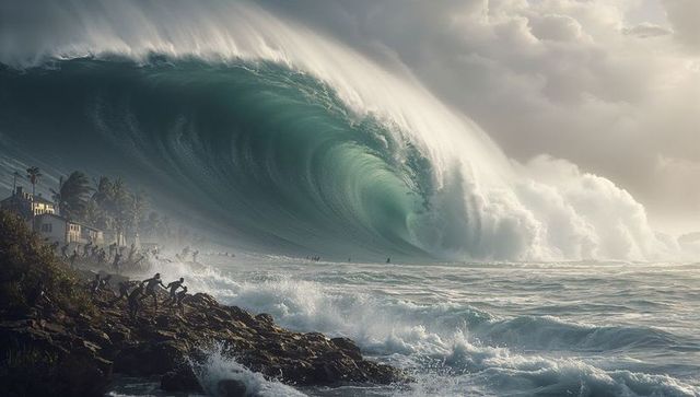 Massive Ocean Wave Rolling Toward Seaside Village with Rocky Shore