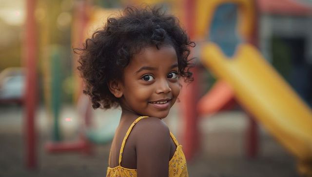 Joyful preschool girl looking back on colorful playground slide during golden hour