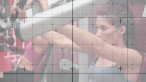 Two Women Exercising on Chest Press Machines with Animated Overlay