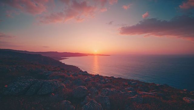 Vibrant Sunset over Rocky Coastal Landscape with Pink Clouds