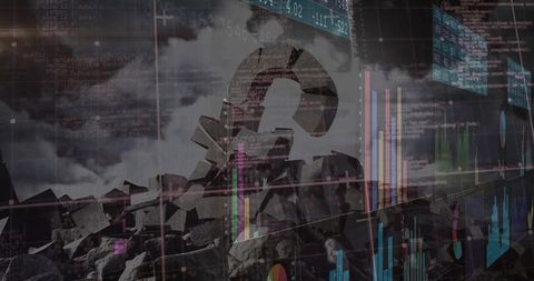 Fractured Rupee Collapsing on Rubble under Storm Clouds with Financial Charts Overlay