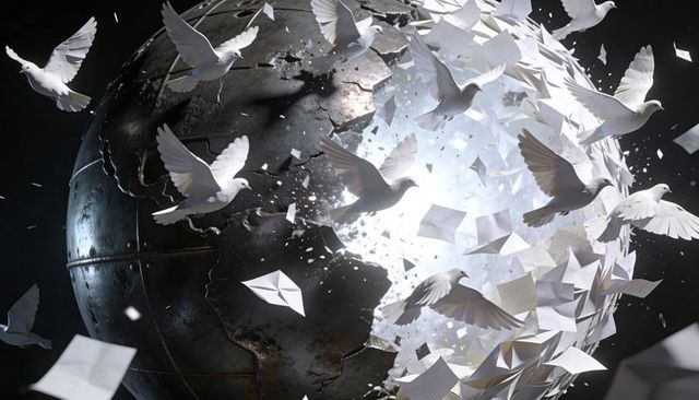 Rusted globe exploding into light with white doves and flying papers, symbolic rebirth