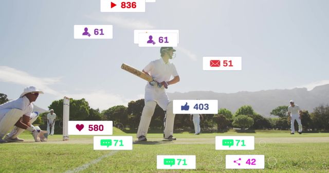 Cricket Players on Field with Social Media Data Overlays - Download Free Stock Images Pikwizard.com