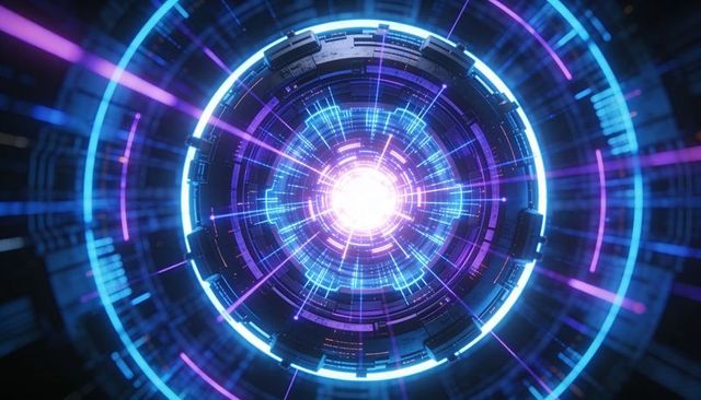 Radiating Energy Core Emitting Neon Rings and Radial Beams in Futuristic Cybernetic Reactor