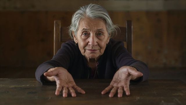 Senior woman reaching out with open hands over rustic wood table, intimate portrait