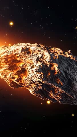 Molten asteroid rotating through starfield, glowing debris streaming vertical space video