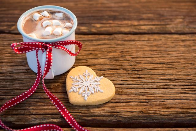 Hot Chocolate with Marshmallows and Heart Cookie on Wooden Table - Download Free Stock Photos Pikwizard.com