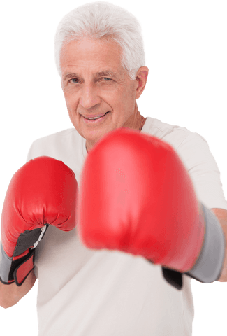 Senior man in red boxing gloves with transparent background