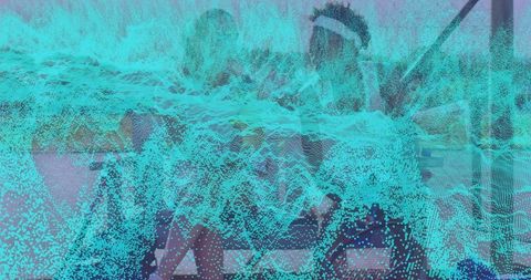 Coworkers collaborating on laptops with digital waveform data overlay