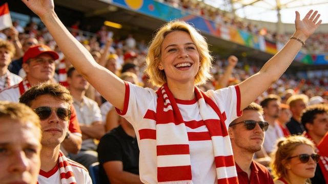 Cheering blonde fan raising arms at stadium wearing red white scarf, crowd celebration