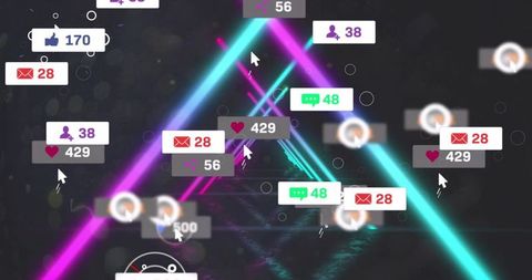 Neon Triangle of Magenta and Cyan Beams with Floating Social Media Notifications and Cursors