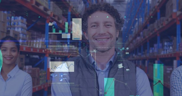 Smiling Manager in Warehouse with Data Analytics Overlaying - Download Free Stock Images Pikwizard.com