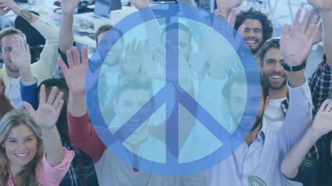 Peace Icon Animation Over Smiling Diverse Office Team