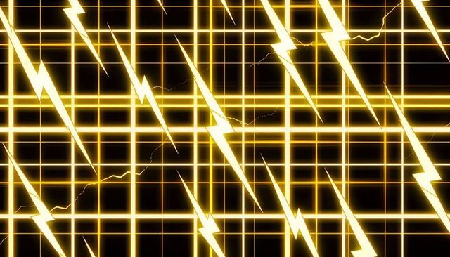 Golden neon lightning bolts over glowing geometric grid abstract electric pattern backdrop