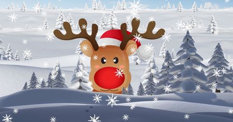 Cute Christmas Reindeer with Falling Snow and Winter Landscape