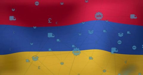 Waving tricolor band featuring e-commerce icons, delivery network and currency symbols