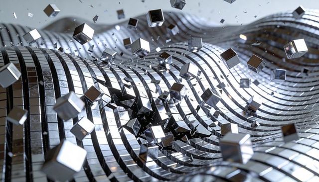 Shimmering chrome cubes scattering over wavy mirrored tiles with fragmented debris