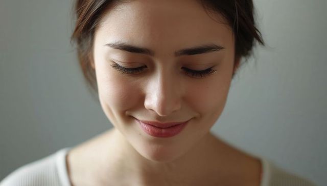 Serene asian woman smiling downward close-up portrait with soft natural light
