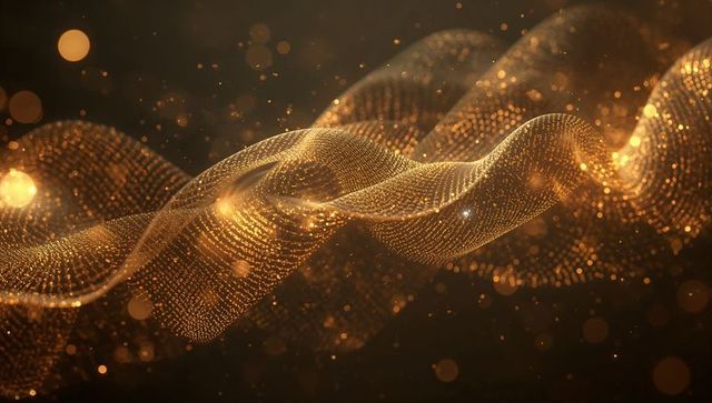 Golden digital mesh ribbon flowing through bokeh-lit abstract space with sparkling orbs