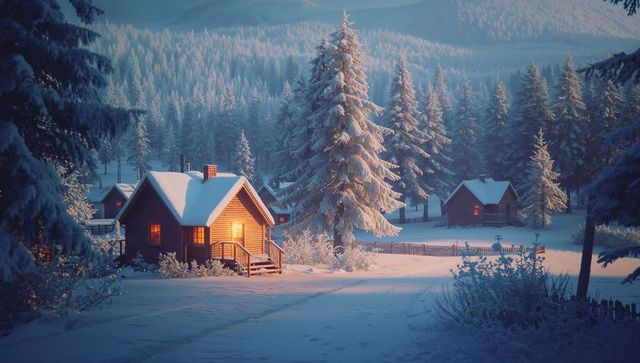 Cozy wooden cabin illuminated in snowy winter forest