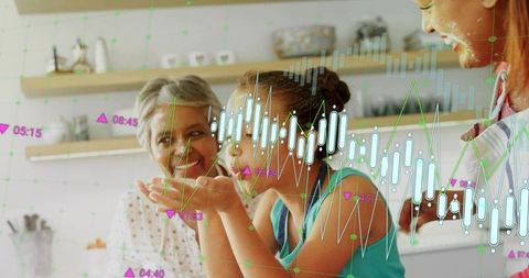 Multigenerational family baking together with financial data overlay, playful kitchen moment