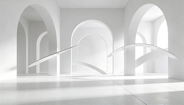 Minimalist white gallery featuring large arches and floating curved panels casting shadows