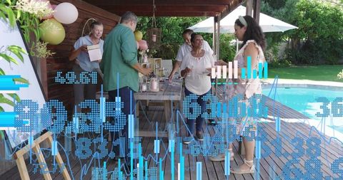 Multigenerational Friends Mingling Poolside on Wooden Deck with Balloons and Drinks Summer