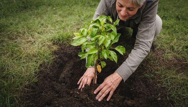 Senior woman planting young tree in lawn, kneeling hands in soil, sustainable gardening