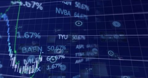 Displaying 3d trading hud with candlestick chart, green uptrend, tickers and percentages