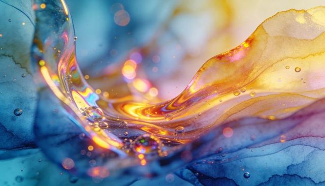 Iridescent liquid ribbon flowing across opalescent marbled surface with glowing droplets