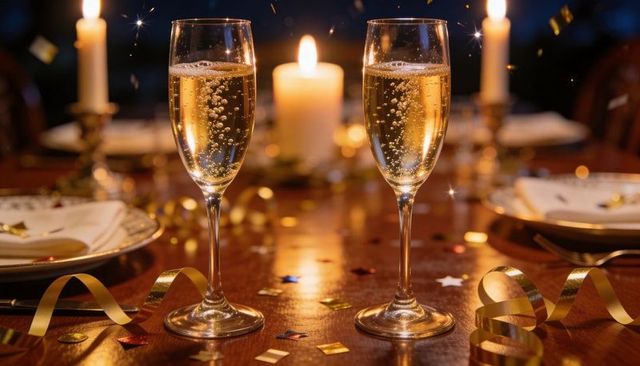 Two champagne flutes toasting by candlelight with bubbles, confetti and golden glow