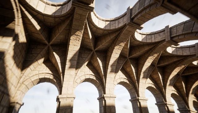 Sunlit ribbed-vault rooftop arcade featuring arched oculi, stone piers and bold shadows