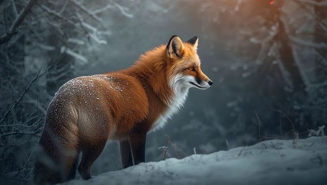 Solitary red fox standing on snowy forest slope in winter landscape