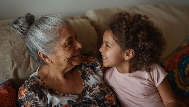 Grandmother and Granddaughter Sharing Joyous Moment on Couch