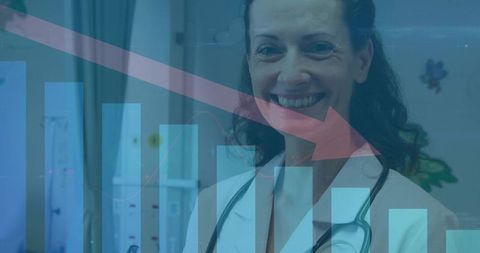 Doctor with Stethoscope and Declining Bar Chart Mascot Healthcare Analysis