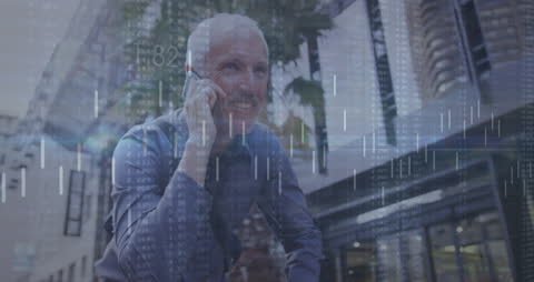 Smiling Senior Businessman on Phone with Digital Overlay