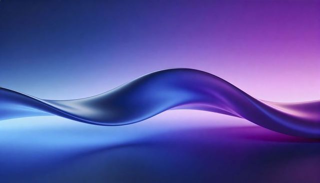 Iridescent ribbon wave flowing across gradient blue and purple minimal background