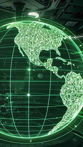 Rotating Holographic Wireframe Globe Powering On in Futuristic Control Bay Vertical Video