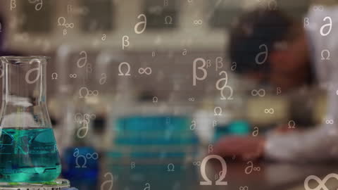 Scientific Symbols Overlaying Blurred Lab Setting