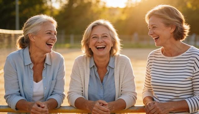 Sunlit senior women laughing and leaning on railing at sports field during golden hour