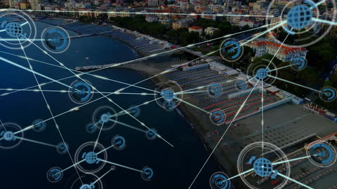 Futuristic Network Overlay on Coastal Cityscape