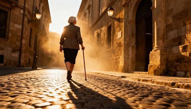 Golden hour senior woman walking with cane on historic european cobblestone street