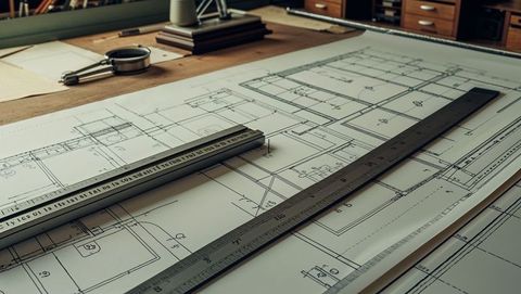 Architectural blueprints and tools on drafting table in design studio