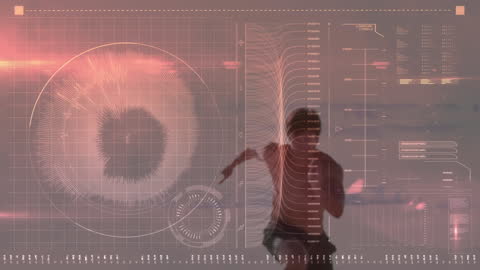Digital Overlay of Eye and Runner on Beach with Data Interface