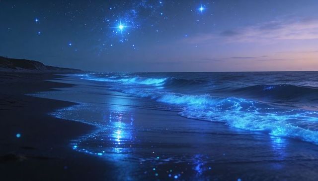 Bioluminescent ocean waves glowing along night beach reflecting starry twilight sky