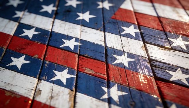 Distressed american flag evoking rustic heritage on weathered wooden planks closeup