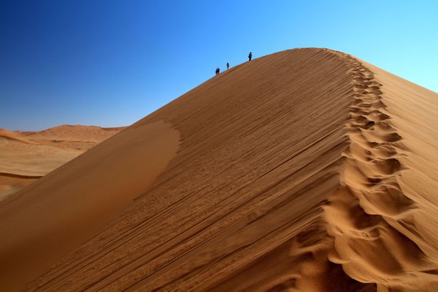 Hikers are making their way up a large desert dune under a clear blue sky. This image captures the sense of adventure and the challenging landscape of arid deserts. The pristine sandy slope and clear skies make this ideal for promoting outdoor activities, travel adventures, or nature exploration themes. Perfect for use in travel brochures, adventure sports advertisements, or inspirational posters.
