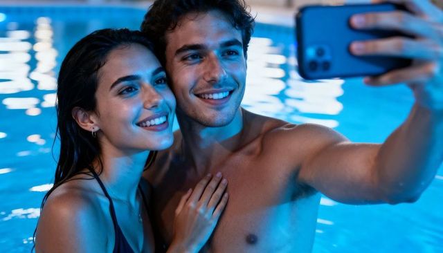 Smiling young couple taking selfie in blue-lit pool at night, romantic swim and connection